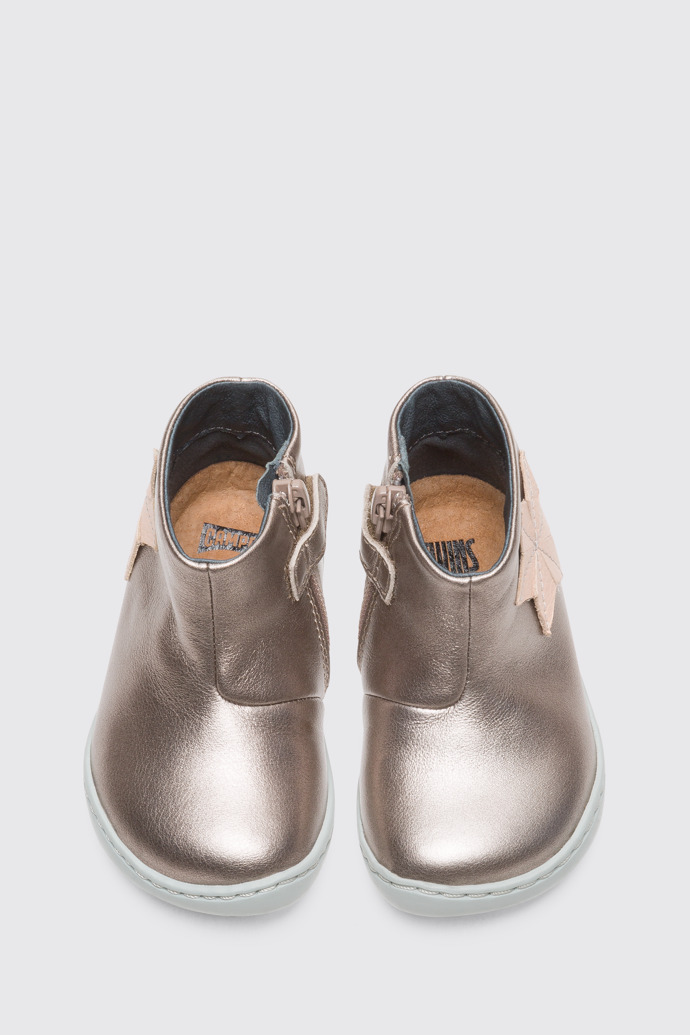 Overhead view of Twins Beige metallic zip ankle boot for girls