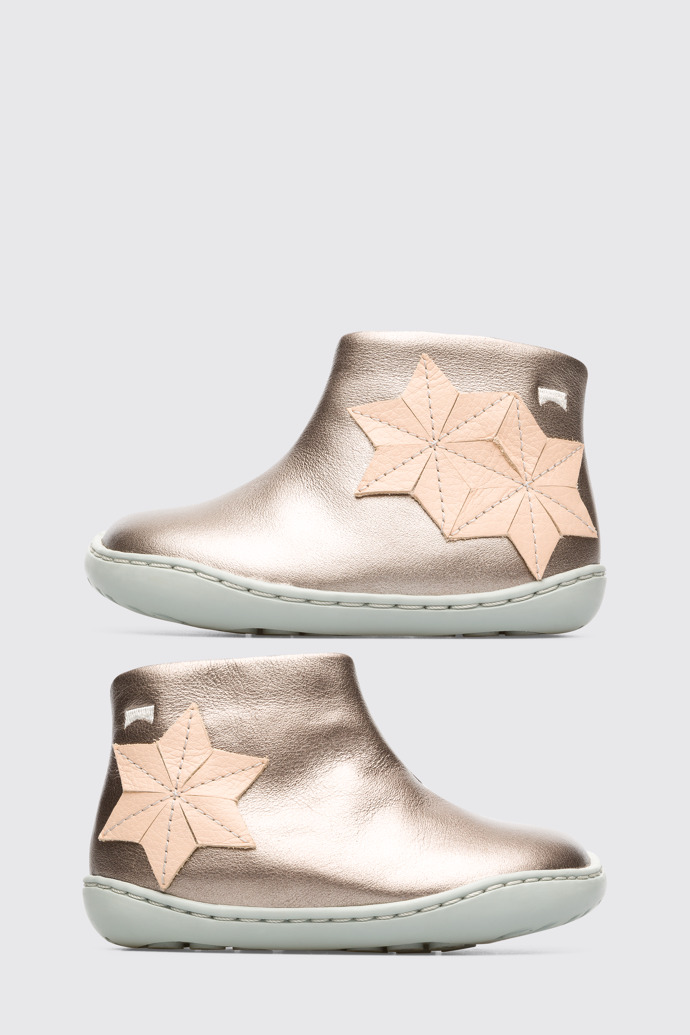 Side view of Twins Beige metallic zip ankle boot for girls