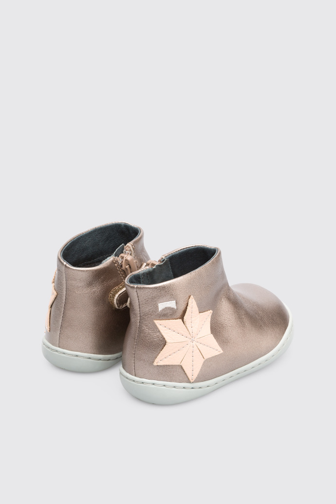 Back view of Twins Beige metallic zip ankle boot for girls