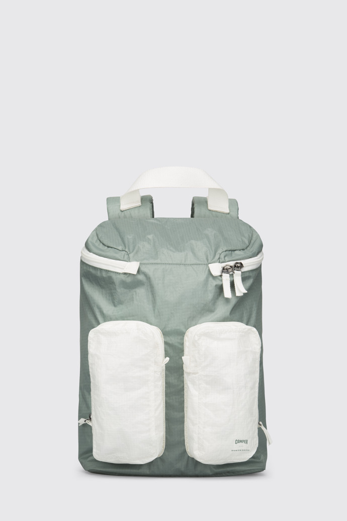 Side view of Camper x North Sails Green-grey and white unisex backpack