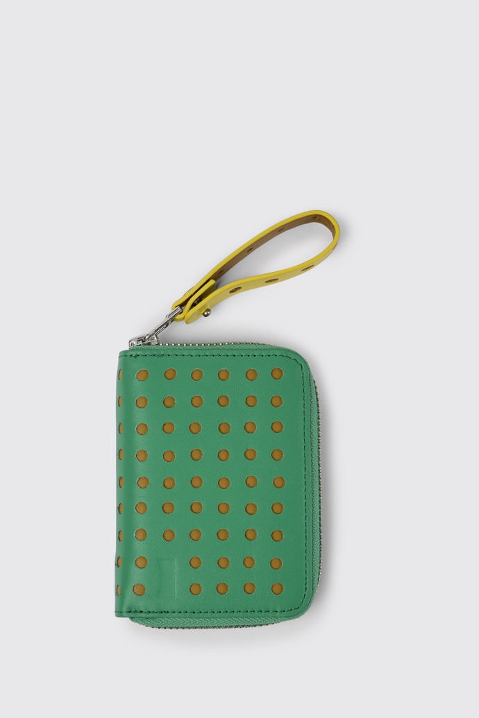 Side view of Mosa Green and yellow small leather wallet