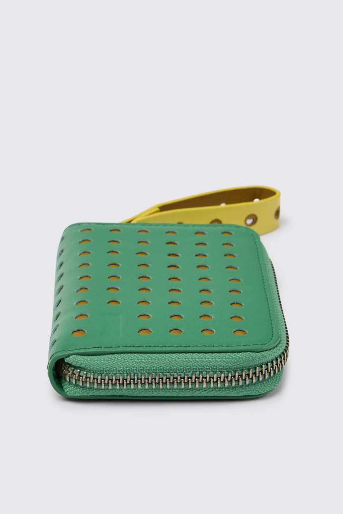 Back view of Mosa Green and yellow small leather wallet