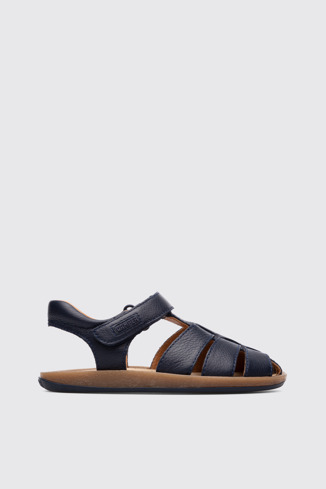 Side view of Bicho Closed navy T-strap sandal for kids