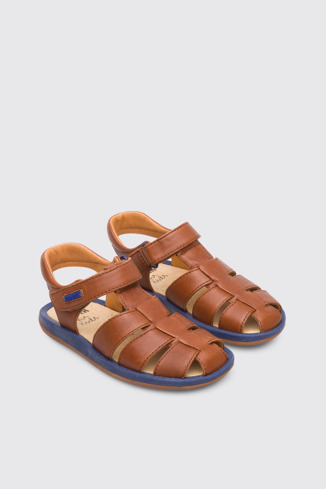 Front view of Bicho Closed brown T-strap sandal for kids