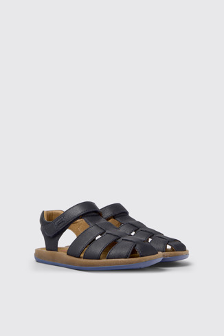 Front view of Bicho Dark blue leather sandals for kids