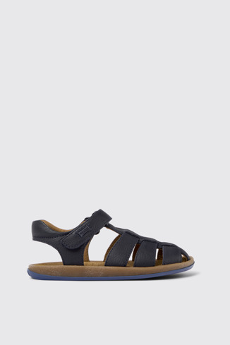 Side view of Bicho Dark blue leather sandals for kids