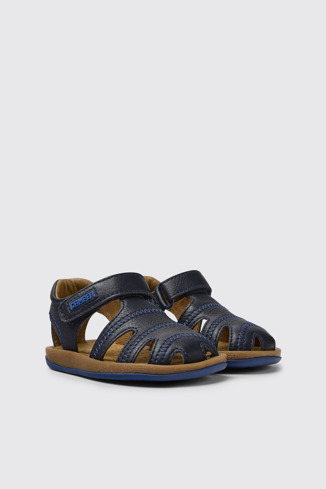 Front view of Bicho Blue leather sandals for kids