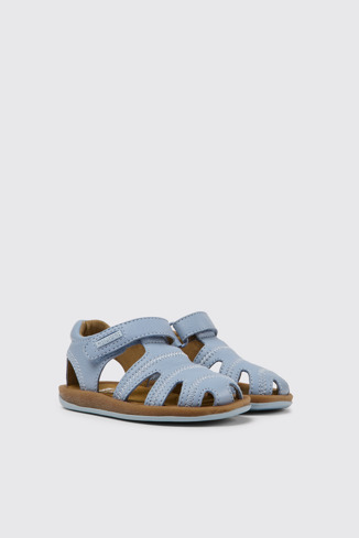 Front view of Bicho Light blue leather sandals for kids