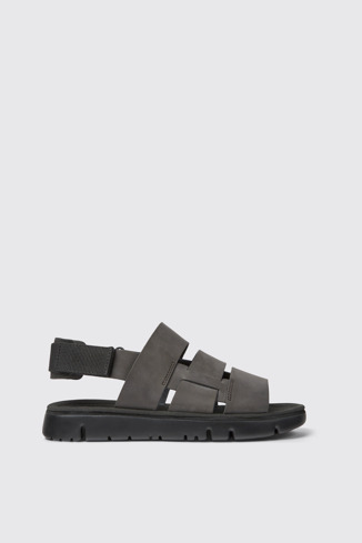 Side view of Oruga Brown leather and textile sandals for men