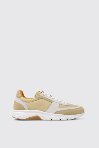 Side view of Drift Beige and white nubuck sneakers for men