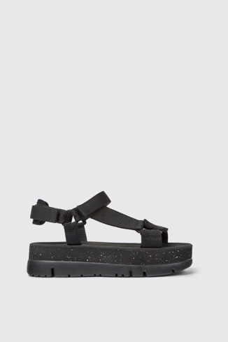 Side view of Oruga Up Black recycled PET sandals for women