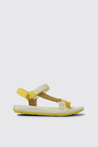 Side view of Match Yellow, white, and brown sandals for women