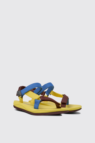 Front view of Match Yellow, blue, and burgundy sandals for women