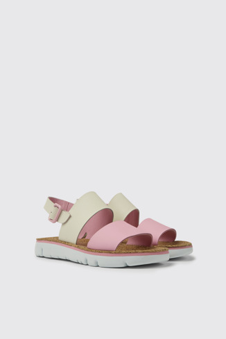 Front view of Oruga White and pink leather sandals for women