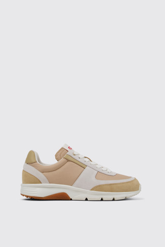Side view of Drift Beige, white, and brown sneakers for women