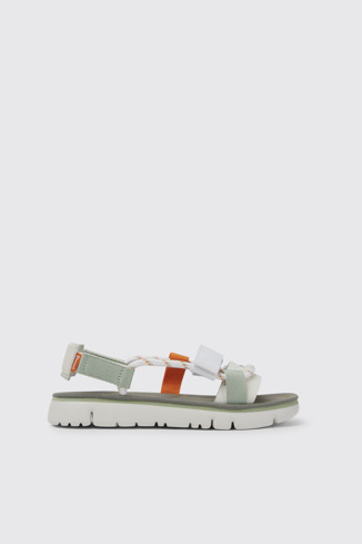 Side view of Oruga White, green, and orange sandals for women