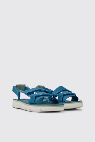 Front view of Oruga Blue and green leather sandals for women