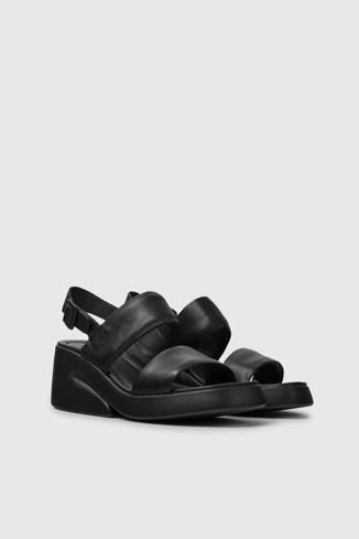Front view of Kaah Black leather sandals for women