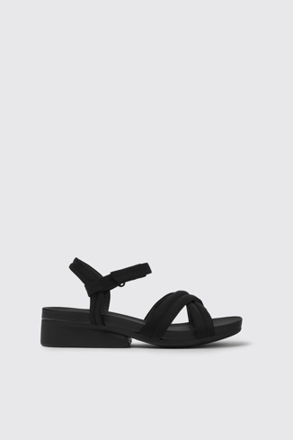 Side view of Minikaah Black recycled PET and nylon sandals for women