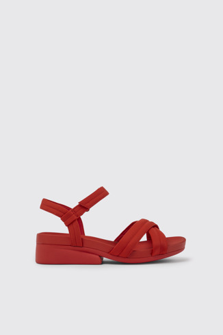 Side view of Minikaah Red recycled PET and nylon sandals for women