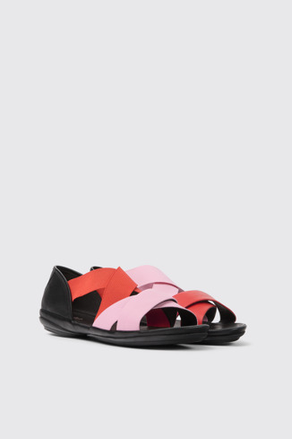 Front view of Twins Pink and red leather sandals for women