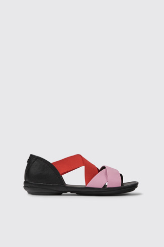 Side view of Twins Pink and red leather sandals for women