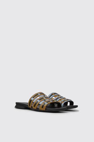 Front view of Twins Brown, blue, and black leather sandals for women