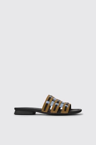 Side view of Twins Brown, blue, and black leather sandals for women