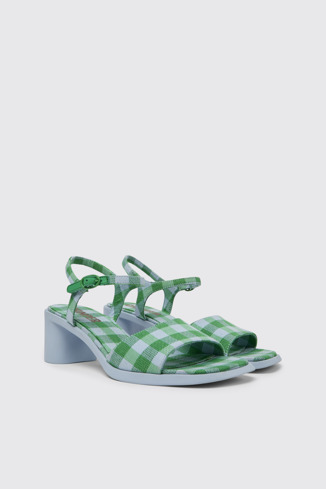 Front view of Meda Blue and green recycled cotton sandals for women