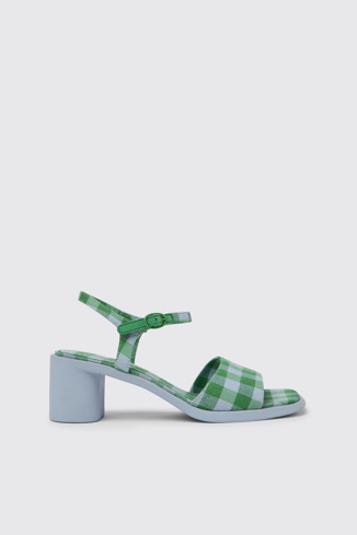 Side view of Meda Blue and green recycled cotton sandals for women