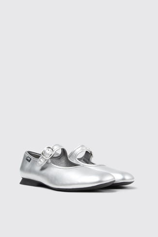 Front view of Casi Myra Silver Leather Shoes for Women.