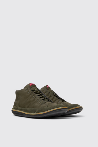 Front view of Beetle Green Textile and Nubuck Ankle Boots for Men.