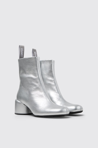 Front view of Niki Silver Leather Ankle Boots for Women.