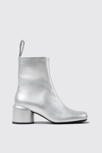 Side view of Niki Silver Leather Ankle Boots for Women.