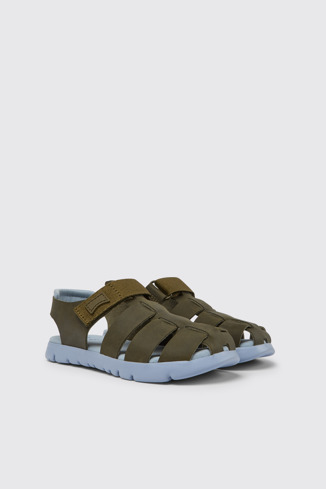 Front view of Oruga Green leather sandals for kids