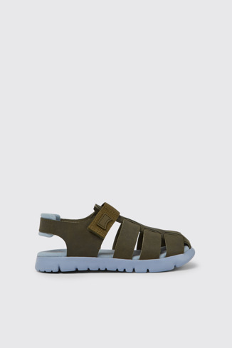 Side view of Oruga Green leather sandals for kids