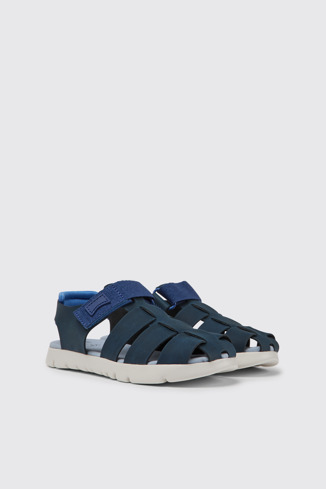 Front view of Oruga Blue leather sandals for kids