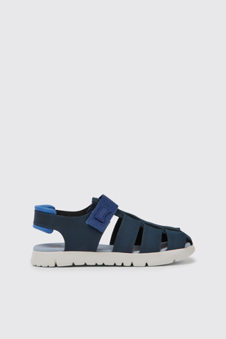 Side view of Oruga Blue leather sandals for kids