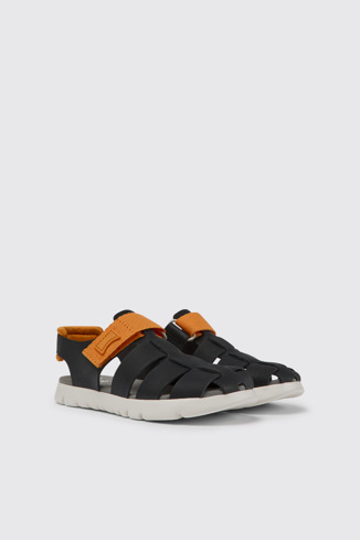 Front view of Oruga Black and orange leather sandals for kids