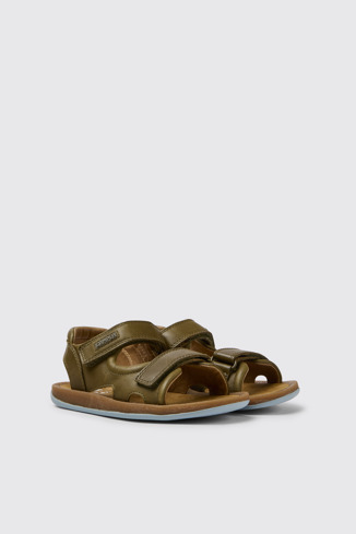 Front view of Bicho Green leather sandals for kids