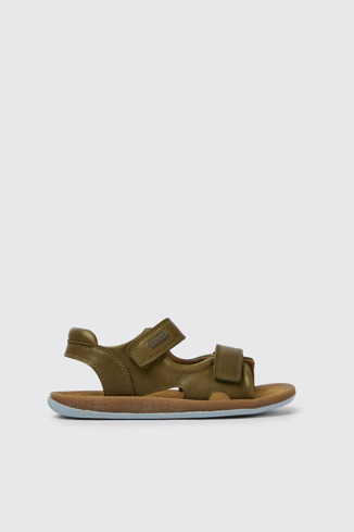 Side view of Bicho Green leather sandals for kids