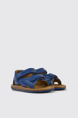 Front view of Bicho Blue leather sandals for kids