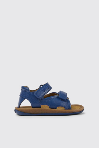 Side view of Bicho Blue leather sandals for kids