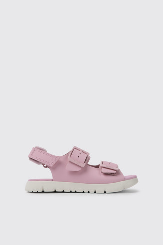 Side view of Oruga Pink leather sandals for kids
