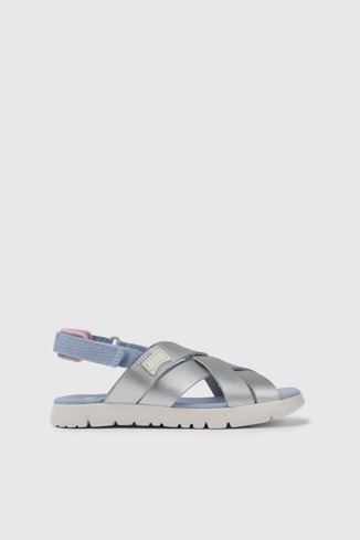 Side view of Oruga Silver leather sandals for kids