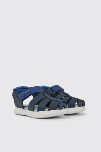 Front view of Oruga Blue leather and textile sandals