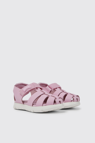 Front view of Oruga Pink leather and textile sandals