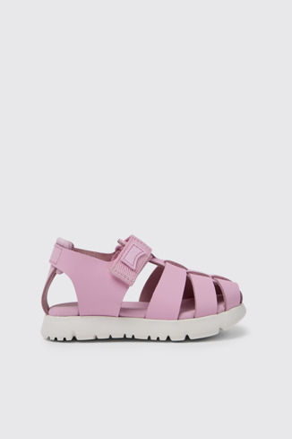 Side view of Oruga Pink leather and textile sandals