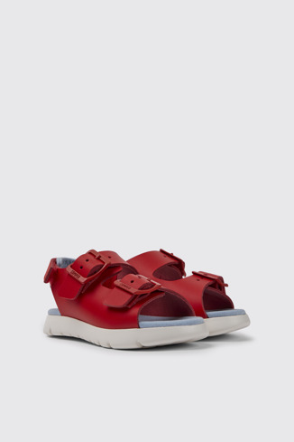 Front view of Oruga Red leather sandals for kids