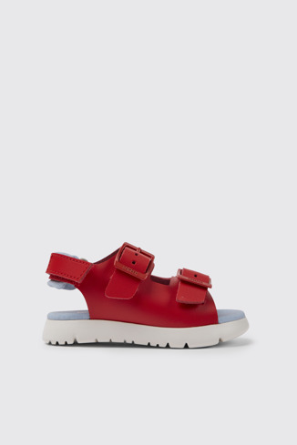 Side view of Oruga Red leather sandals for kids